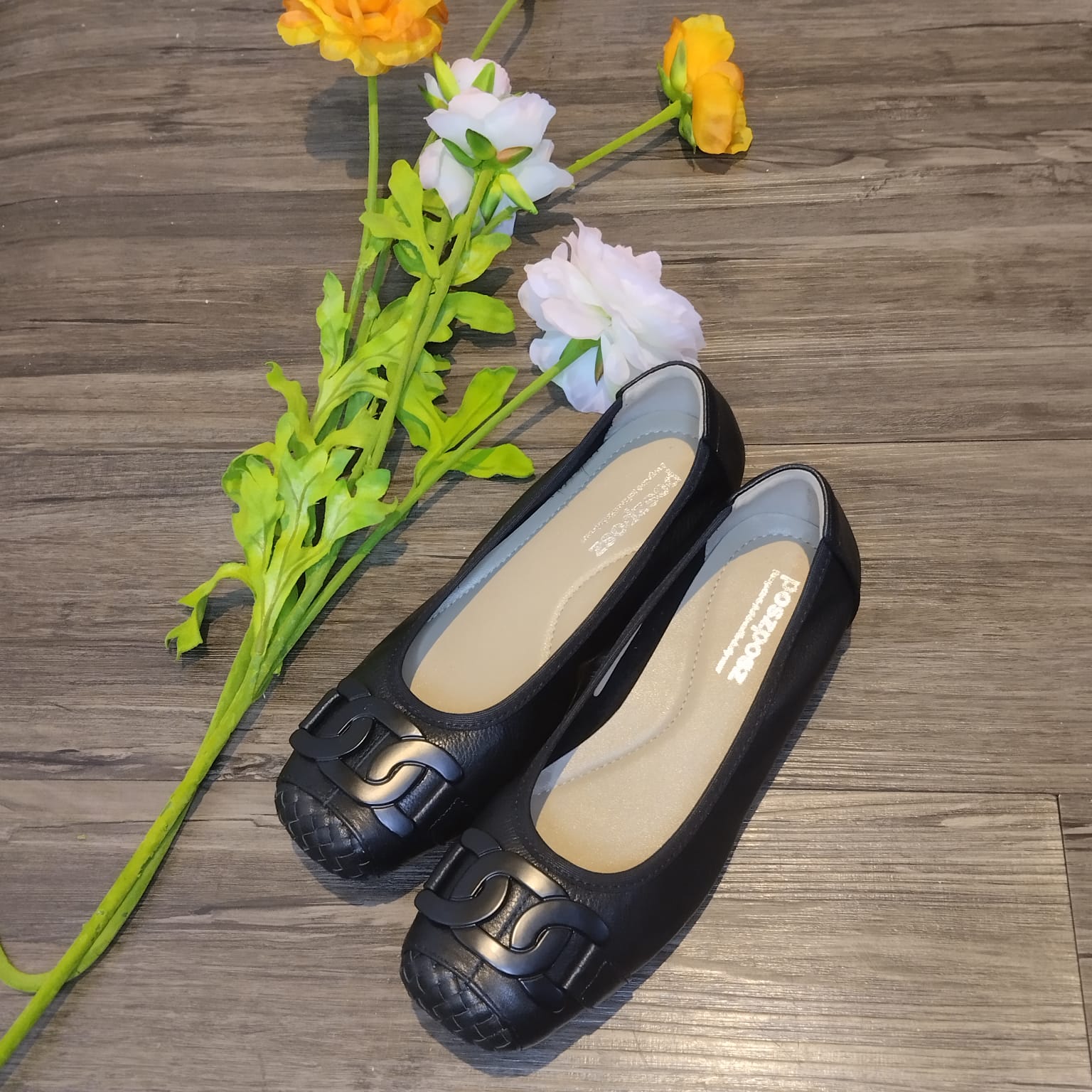 POSZPOSZ 女士黑色皮革芭蕾平底鞋，39 碼