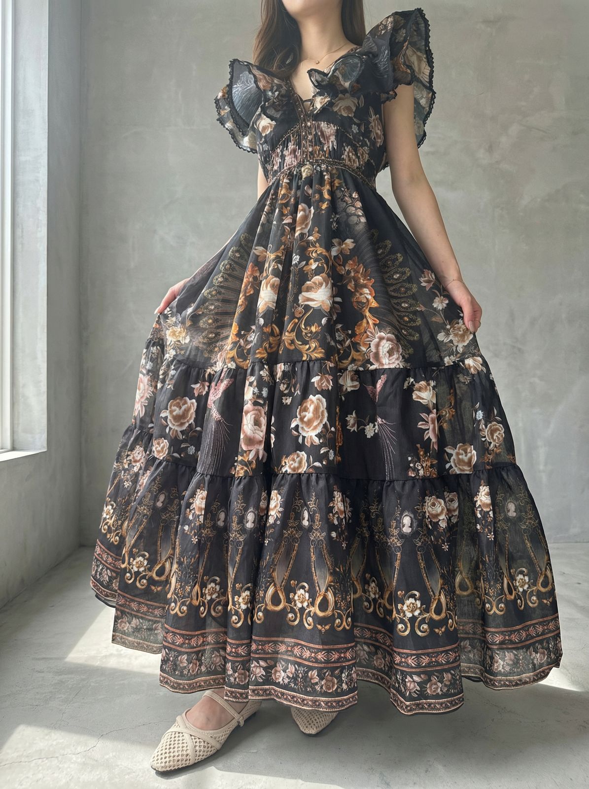 復古花卉印花荷葉邊長洋裝