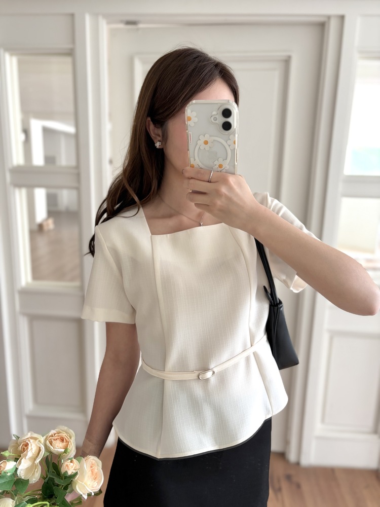 Square Neck Belted Blouse (Ivory)