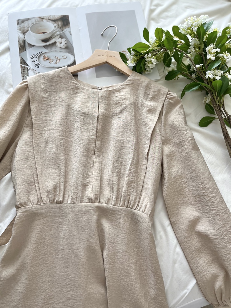 Pleated Yoke Detail Dress (Beige)