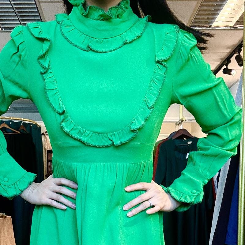 Vintage 1970s Victorian-Inspired Prairie Green Maxi Dress (MT2567)