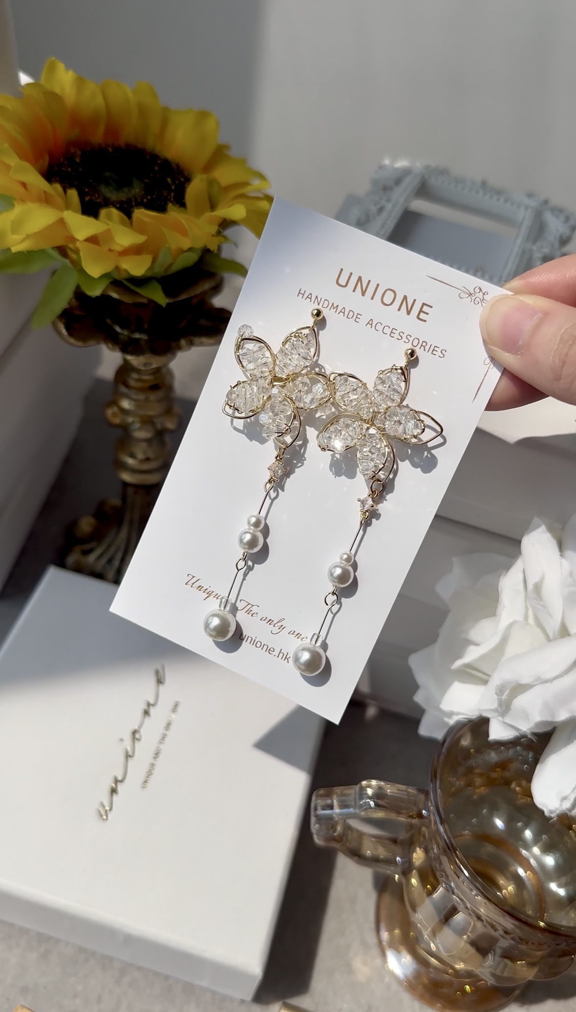 水晶珍珠花耳環💓