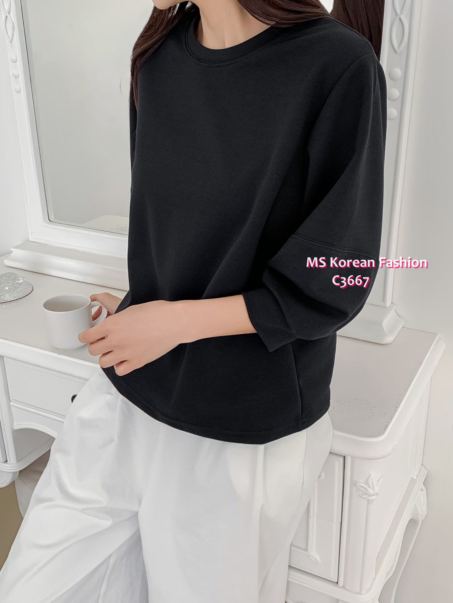 C3667 韓國🇰🇷淨色泡泡袖top