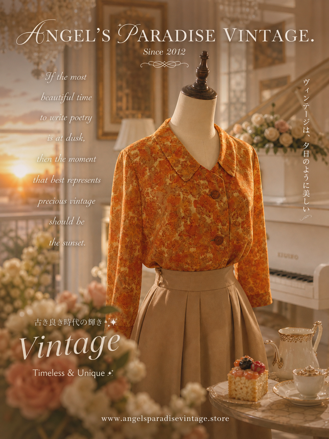 復古午茶橘紅碎花翻領襯衫Aurelia Vintage Floral Blouse