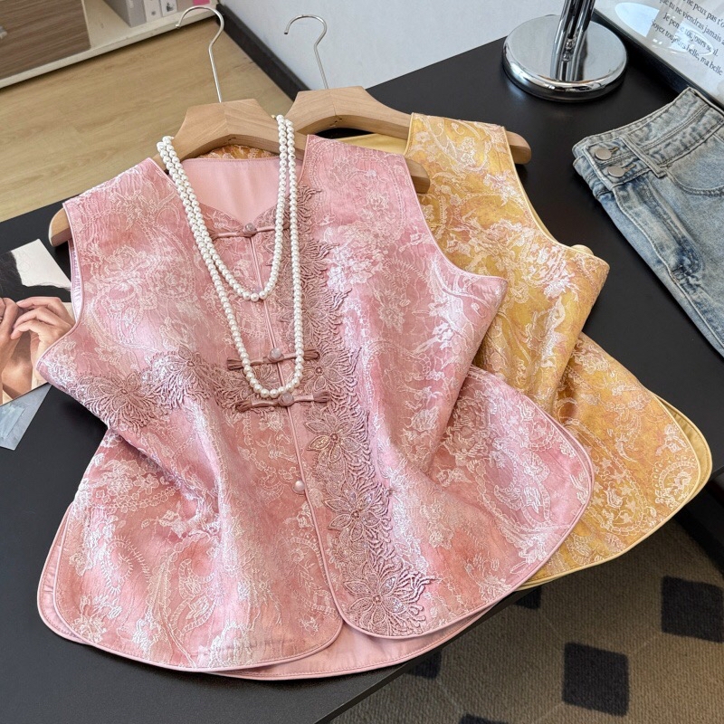 B58(0166) 新中式民族风重工提花横直刺绣蕾丝花粉黄马甲上衣 
