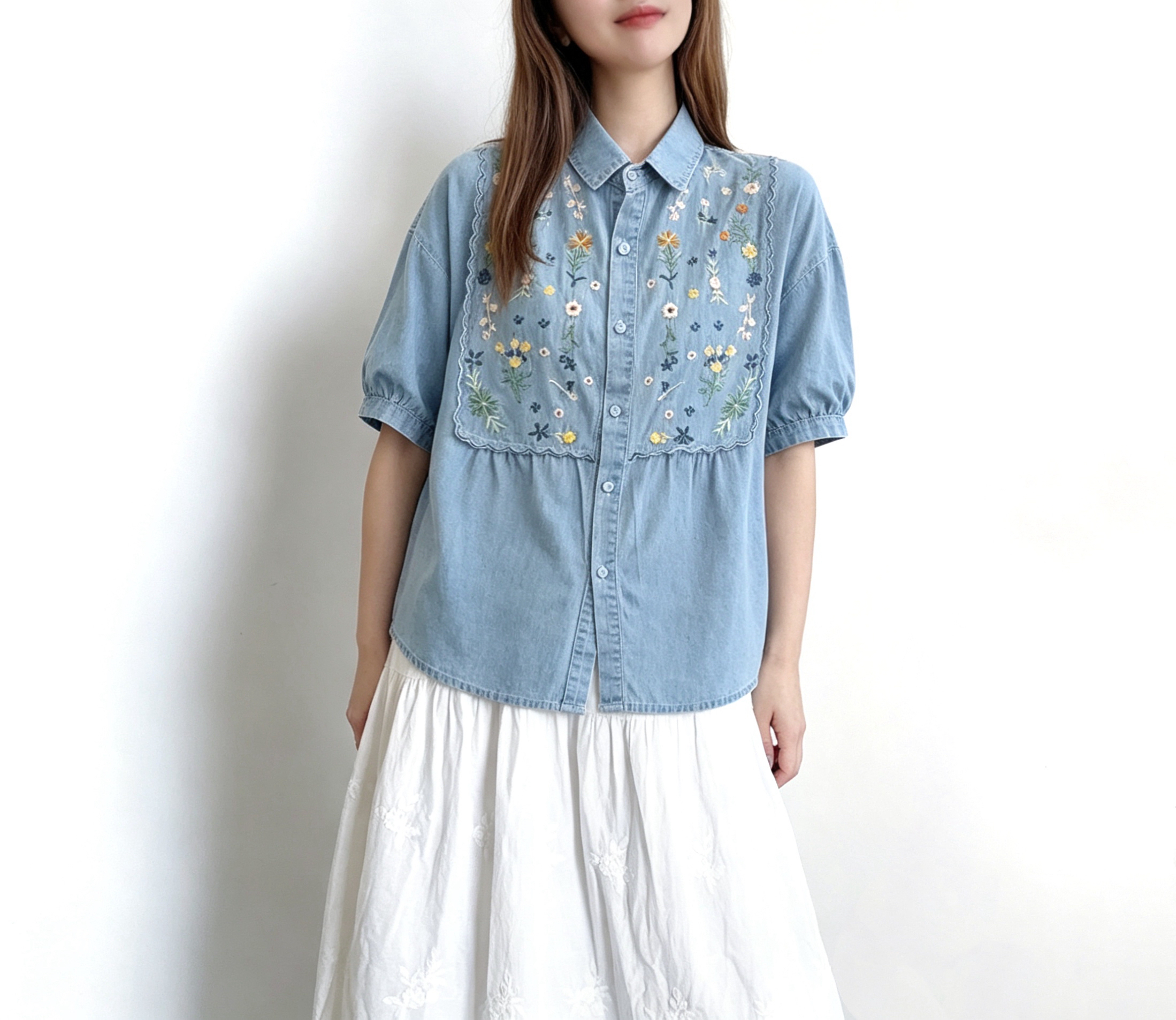 ☀️初夏優惠☀️ 日系刺繡花牛仔棉Top