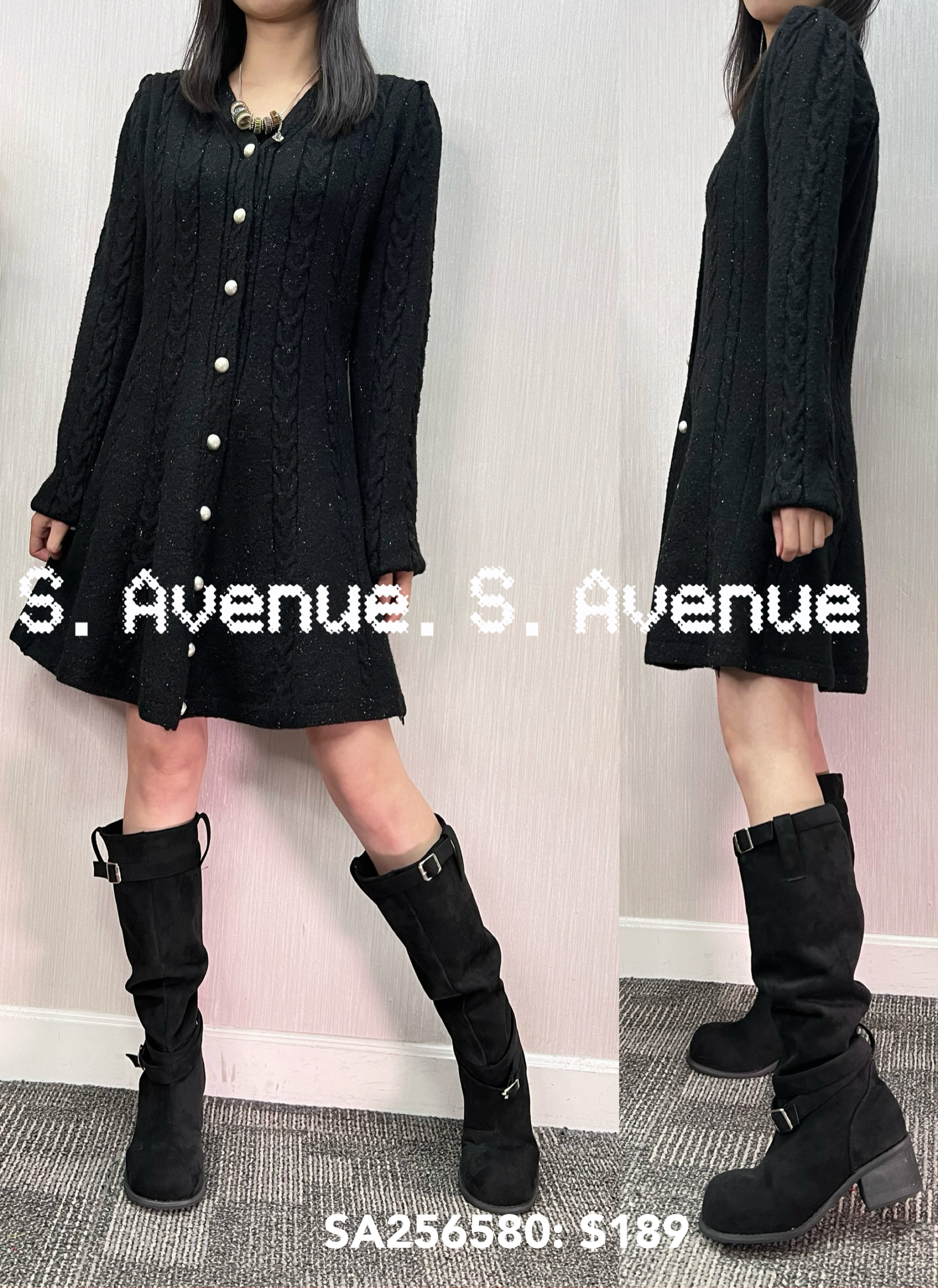 SA256580: 長袖V領有鈕織織花魚尾op