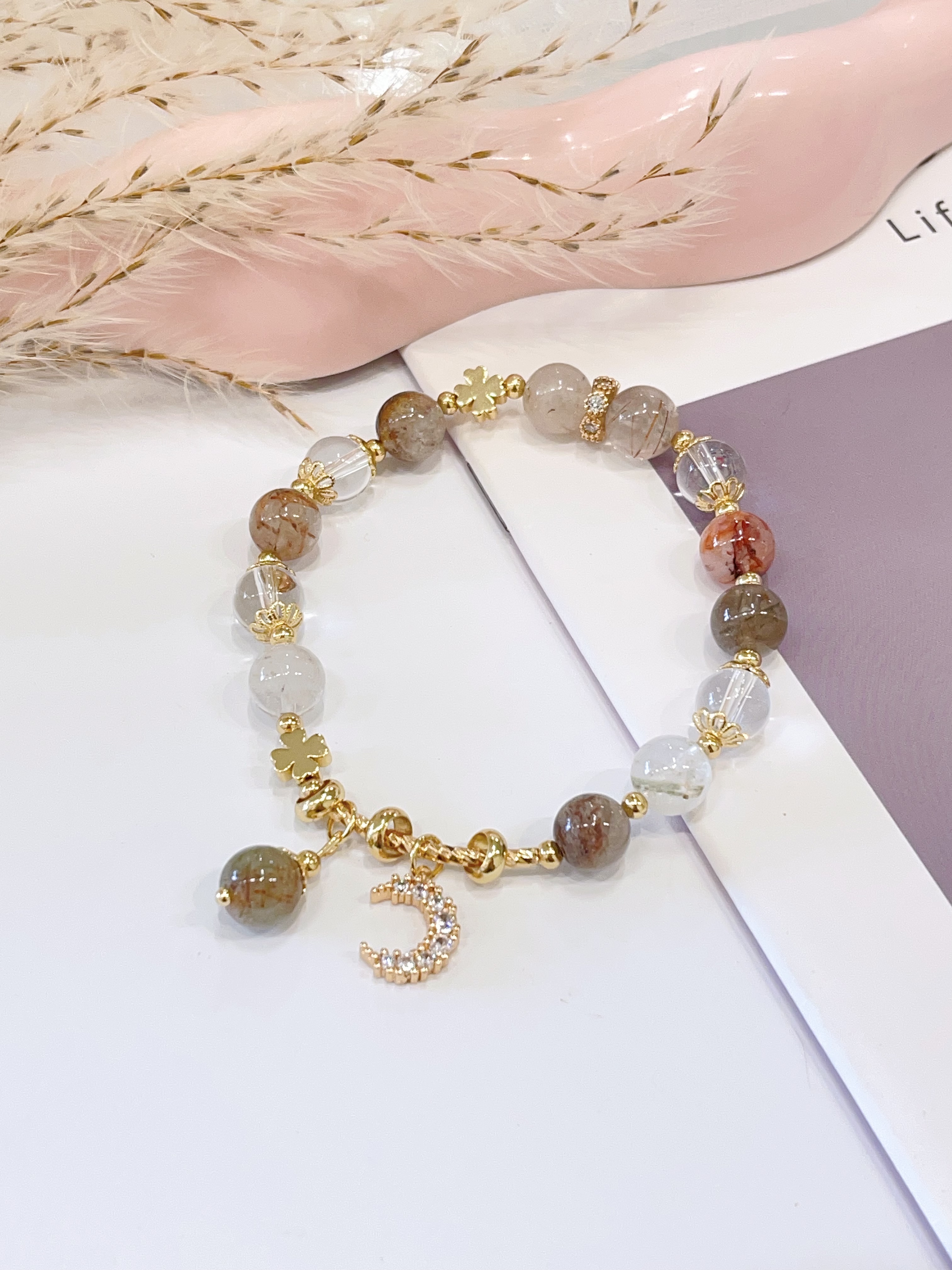 🌈🌙 彩发晶多宝 × 月亮配饰手串 Multicolor Rutilated Quartz & Moon Charm | 8mm