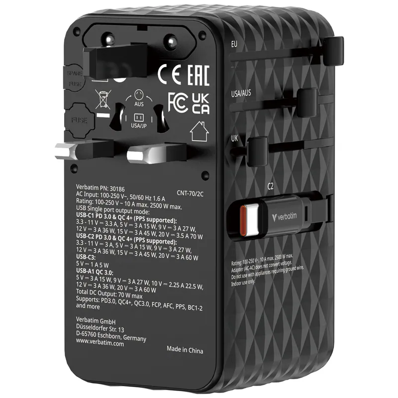 香港行貨 2年保養  Verbatim 威寶 Charge 'n' Travel Diamond 70W 通用旅行轉插(附雙USB-C可伸縮充電線) (CNT-70/2C) 30186