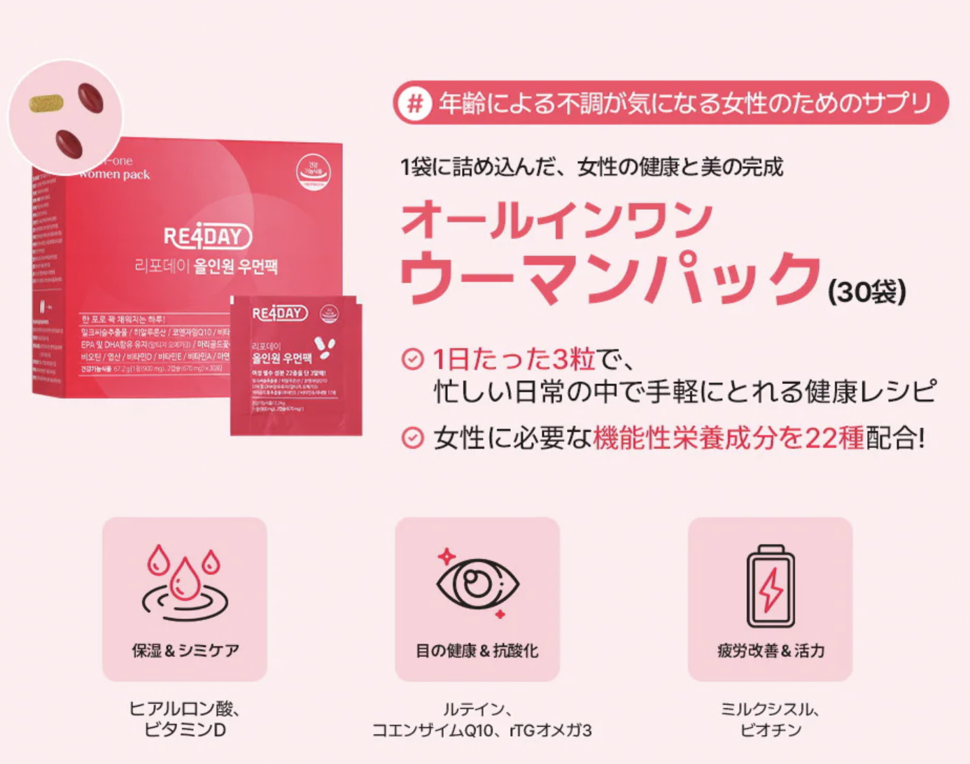 韓國 RE4DAY 女生 多效 綜合維他命 營養丸 30包 / 盒｜ALL-IN-ONE WOMEN’S PACK