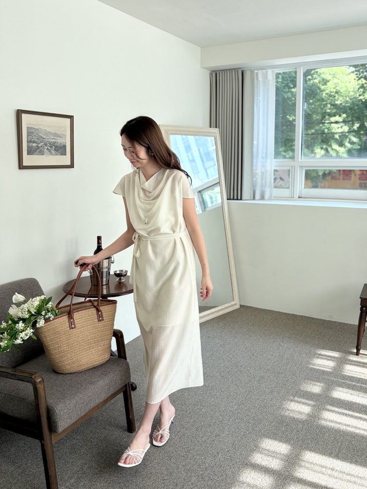 Draped Neck Dress with Inner Slip (Cream)
