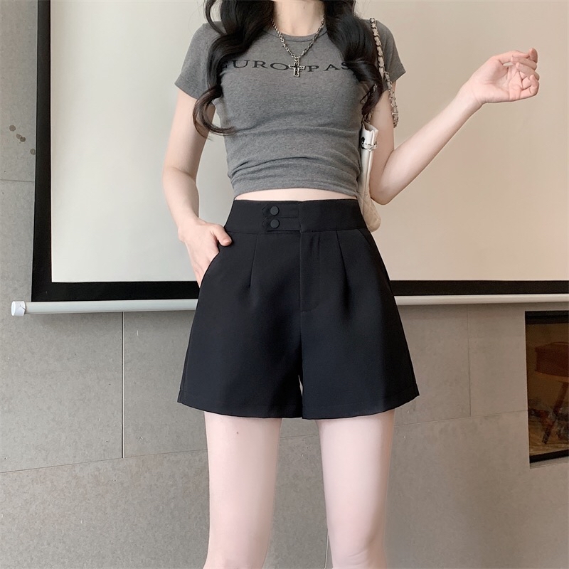 B312(13890) 韩版高腰边双按压钮扣带显瘦捏痕黑短裤