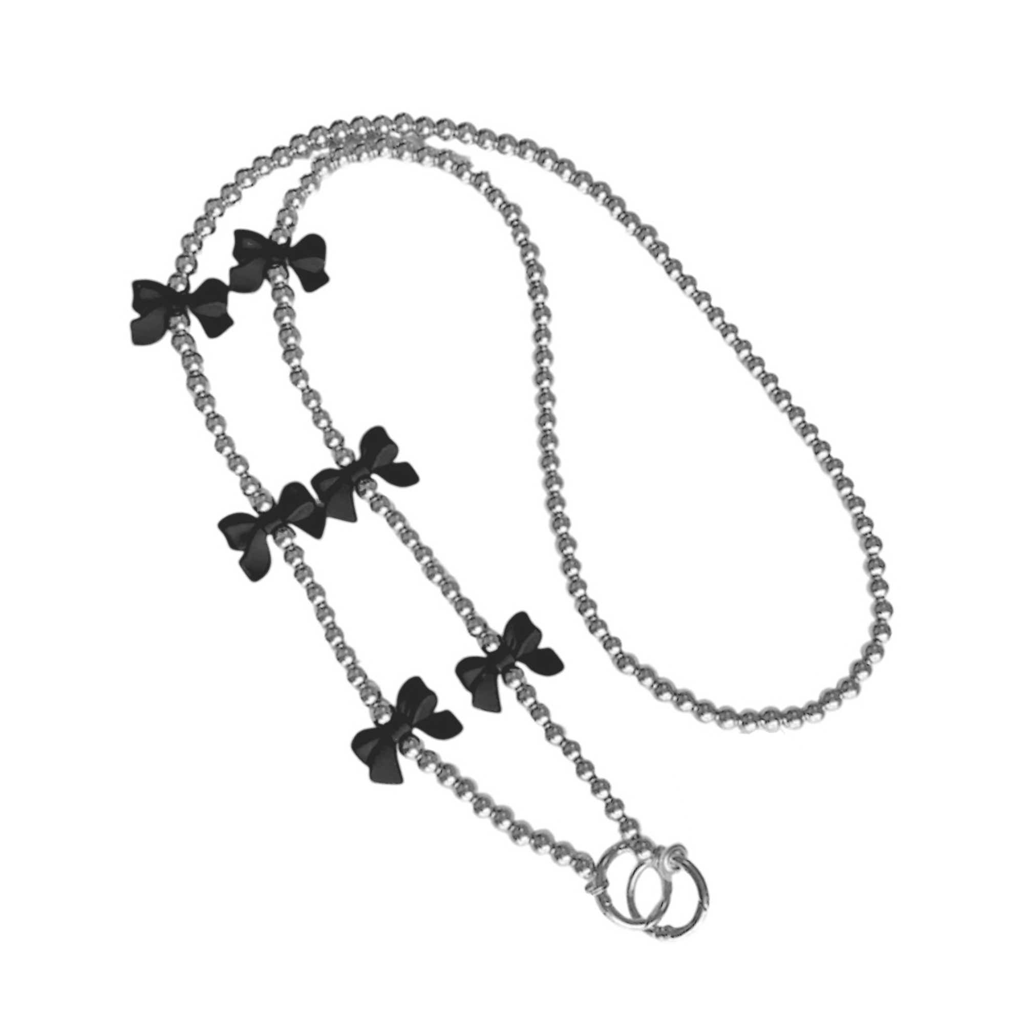 Long Phone Strap Set｜Silver Beads with Black Ribbon