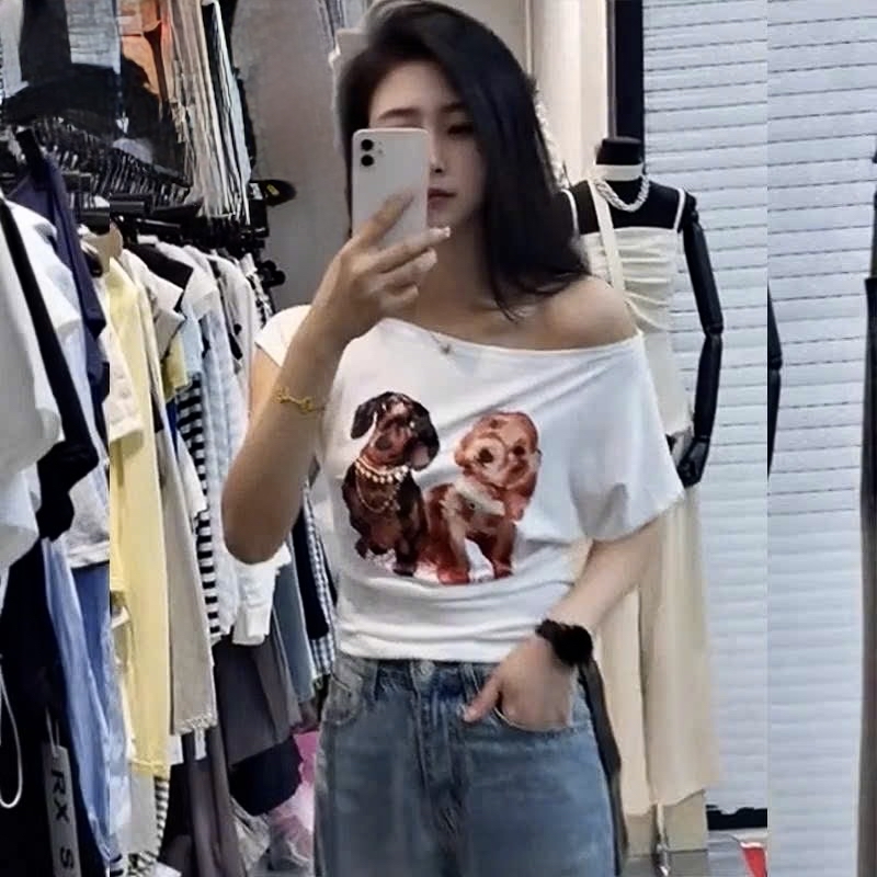 灰色狗狗印花露肩T卹