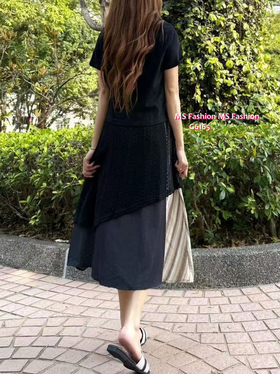 G6165 韓國🇰🇷假兩件拼布連身裙