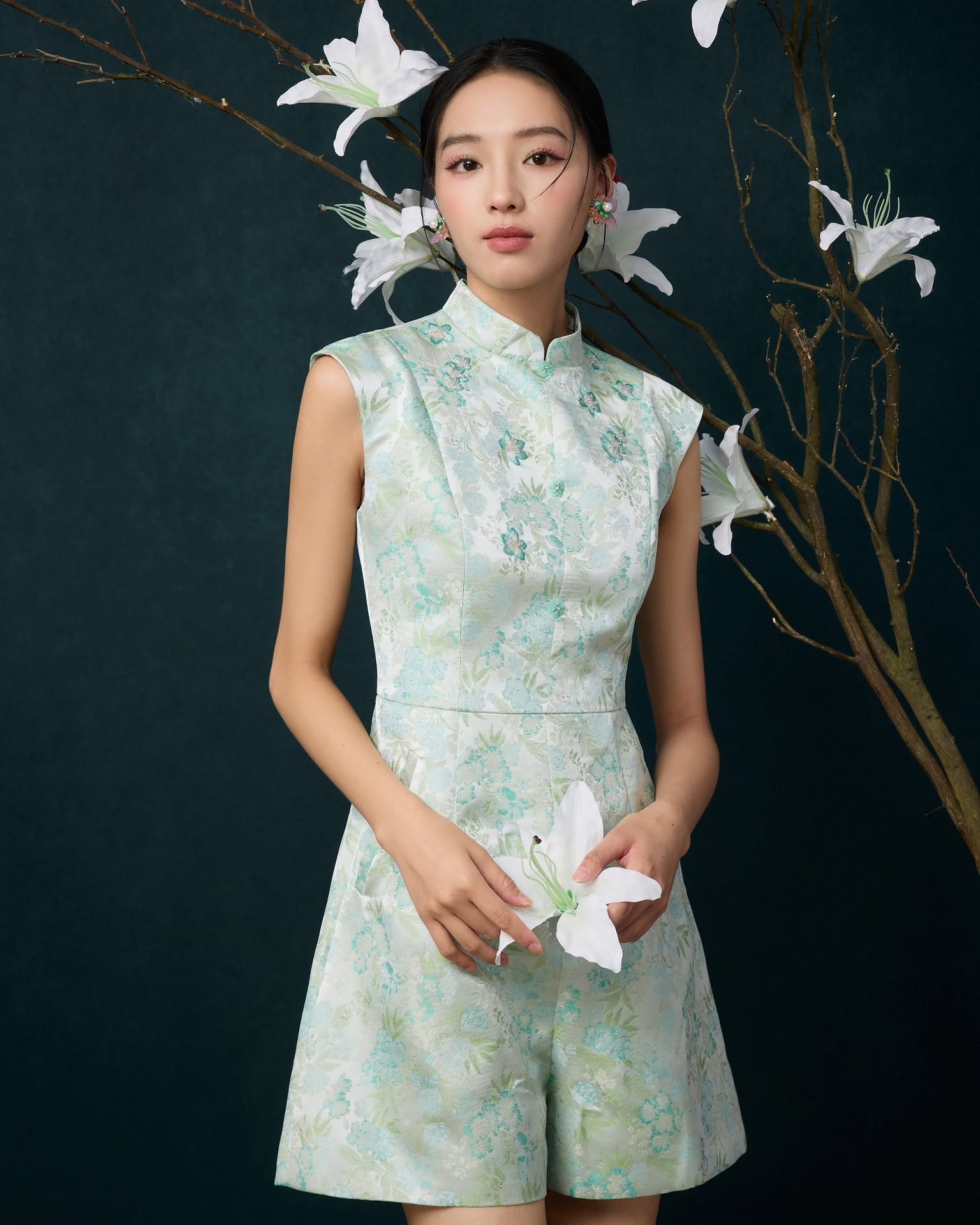 玻璃珠饰旗袍连身裤 D0355