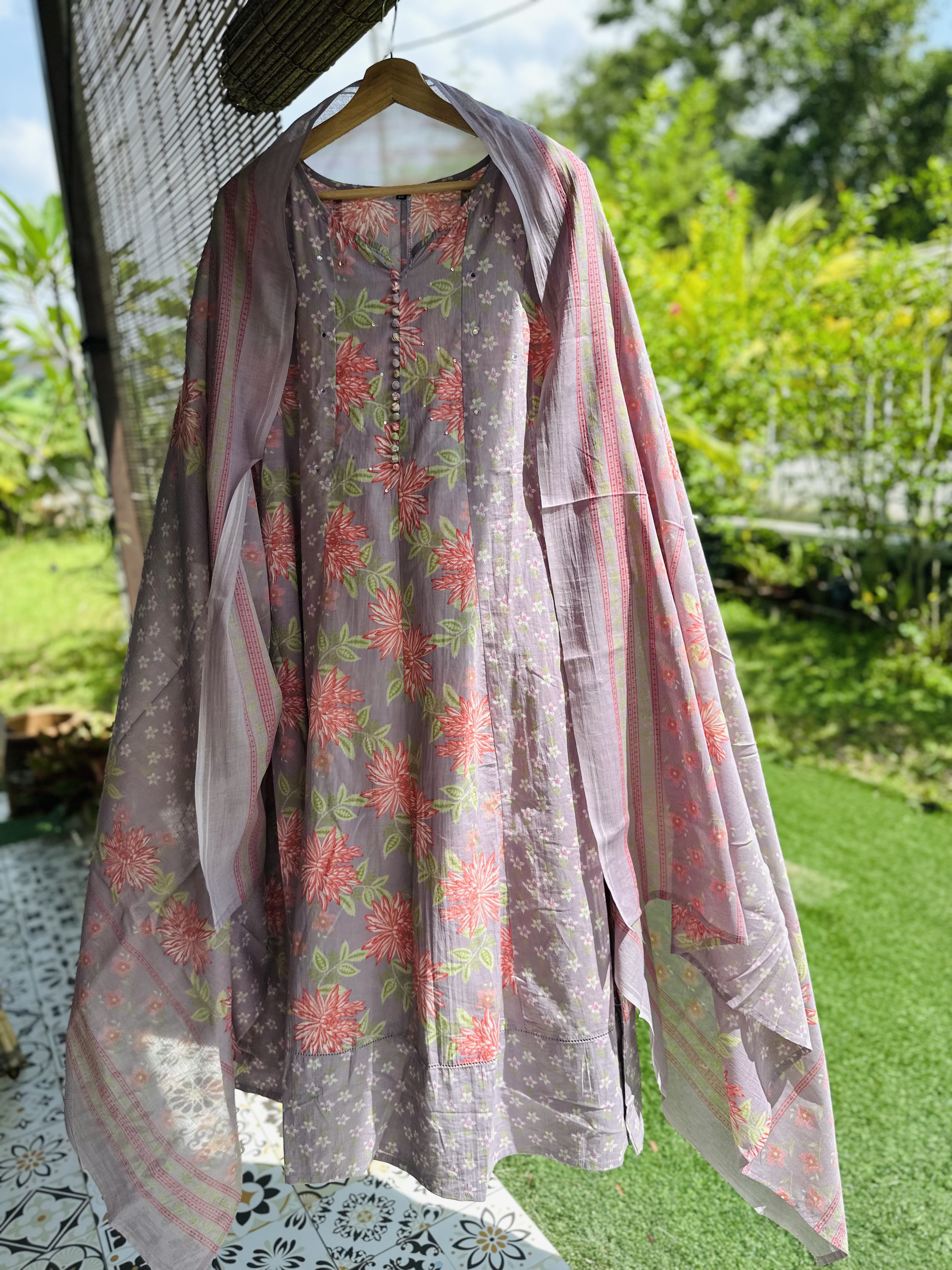Lilac flower print Anarkali Kurta Set