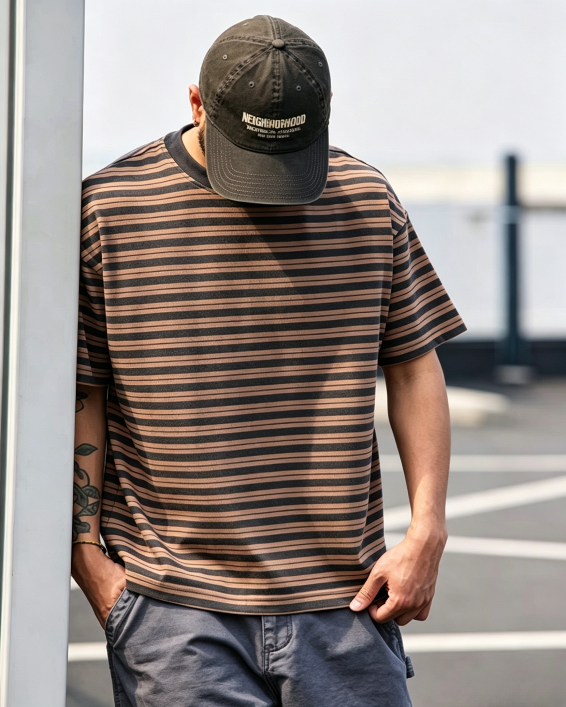 M1321 重磅洗水拼色條紋Tee