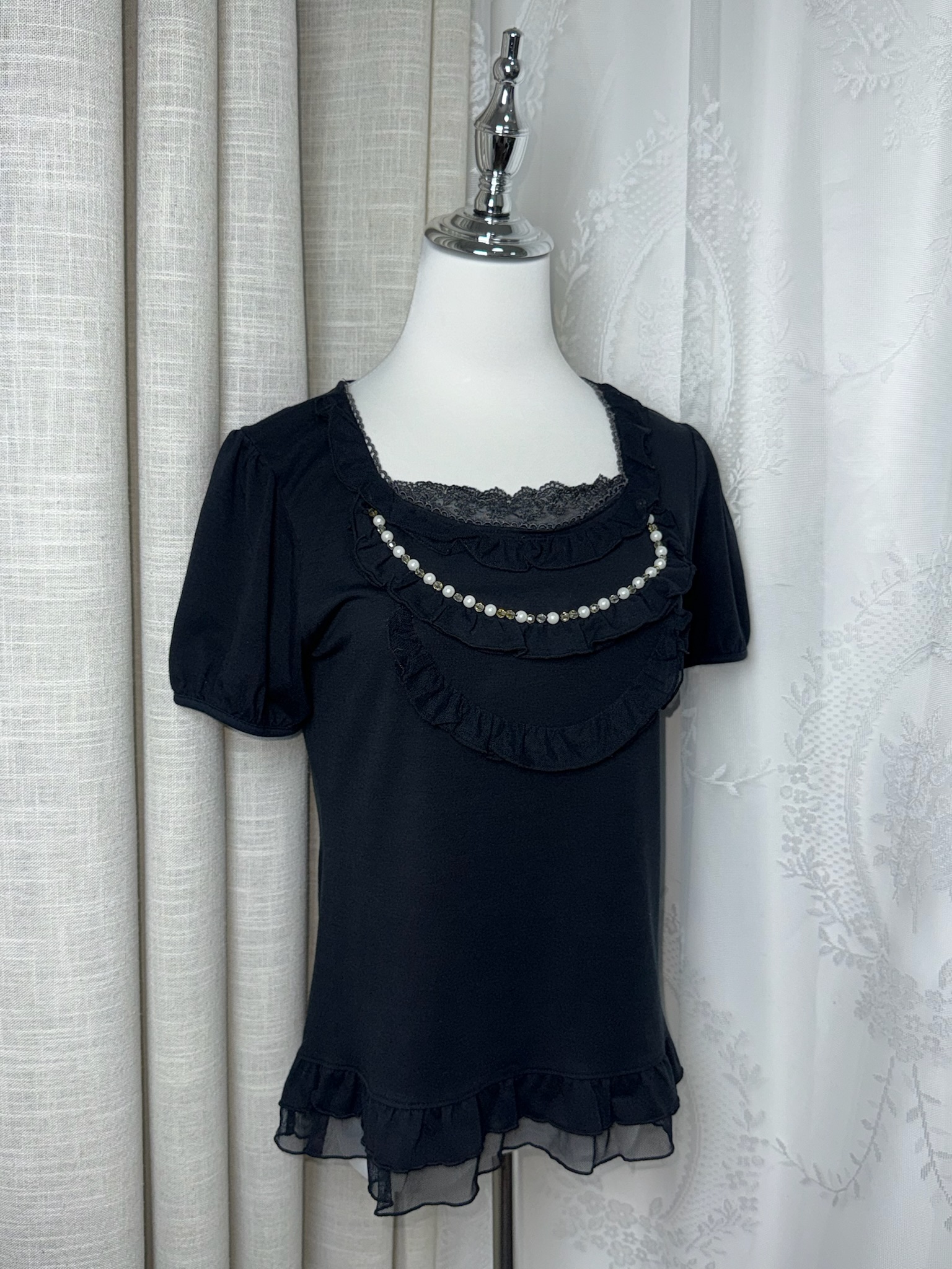 Elegant Pearl-Accented Ruffle Knit Top