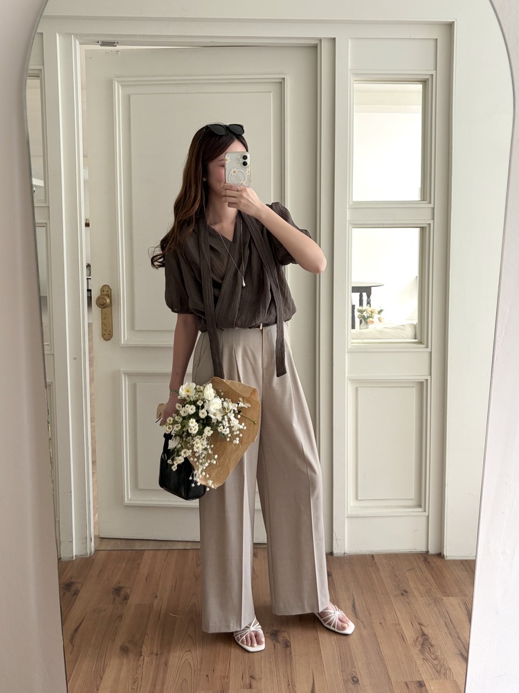 Louise Wrap Blouse with Tie (Brown)