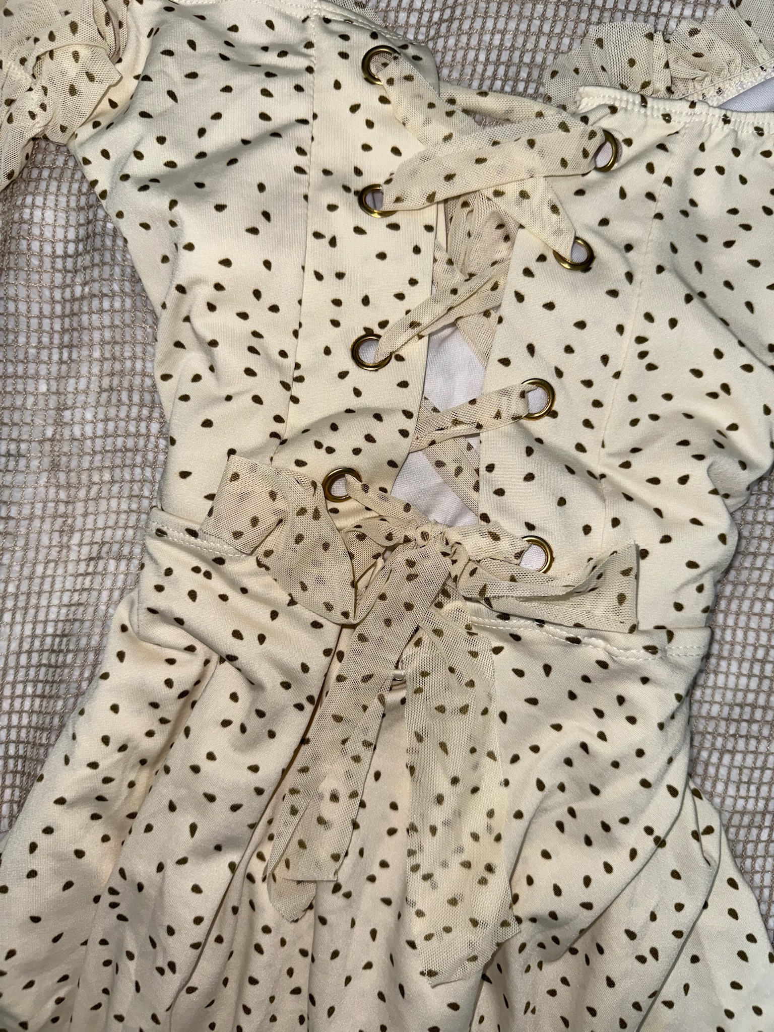 Polka Dot Ruched Bustier Dress with Mesh Sleeves