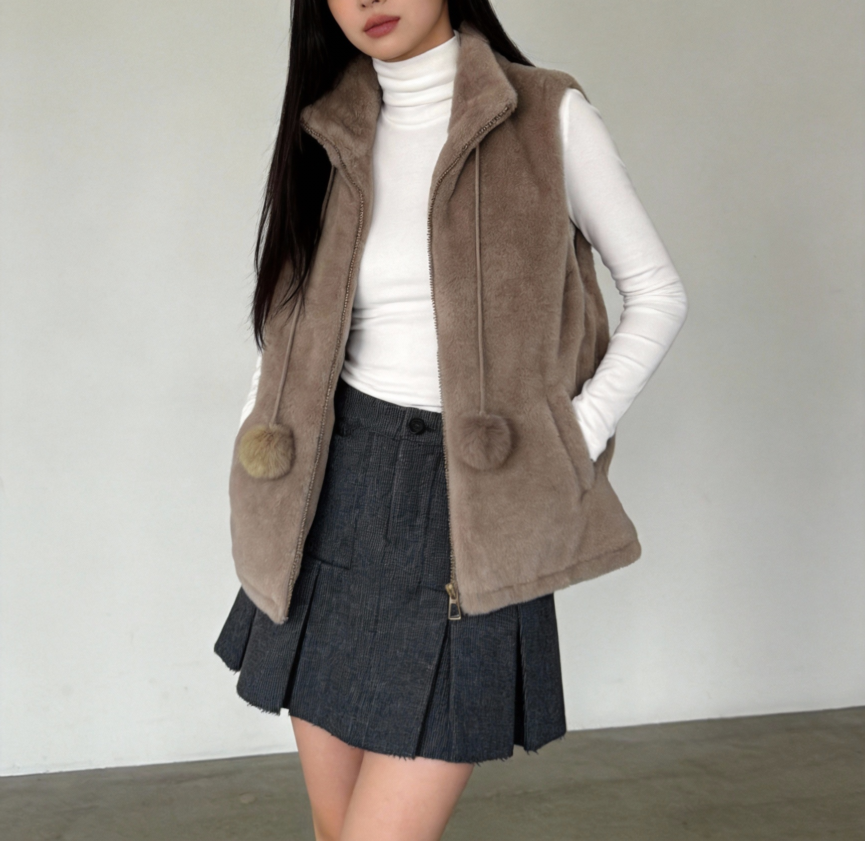 仿毛絨立領拉鍊馬甲