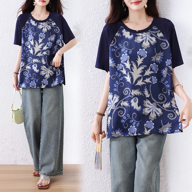 B213(2376) 新中式洋气国风拼接前部花色印花蓝上衣 