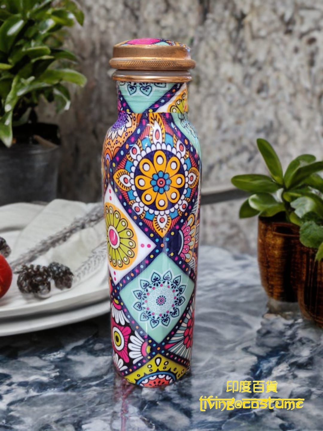 印度銅水樽 (米娜印花圖案)