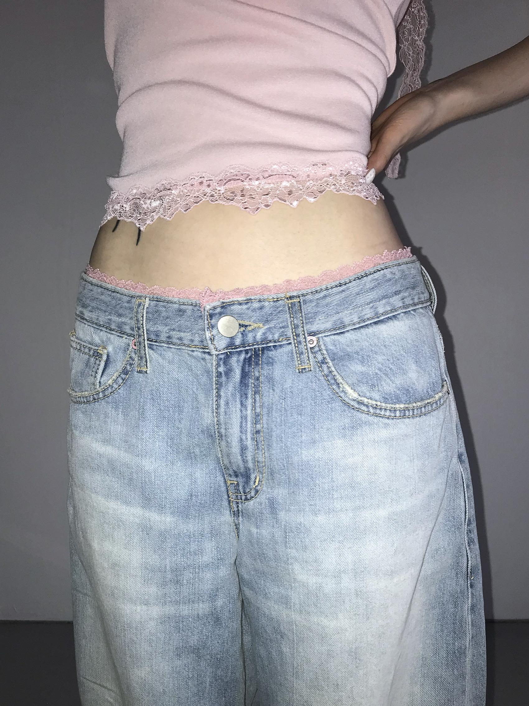 Lace Trim Layered Wide Leg Denim