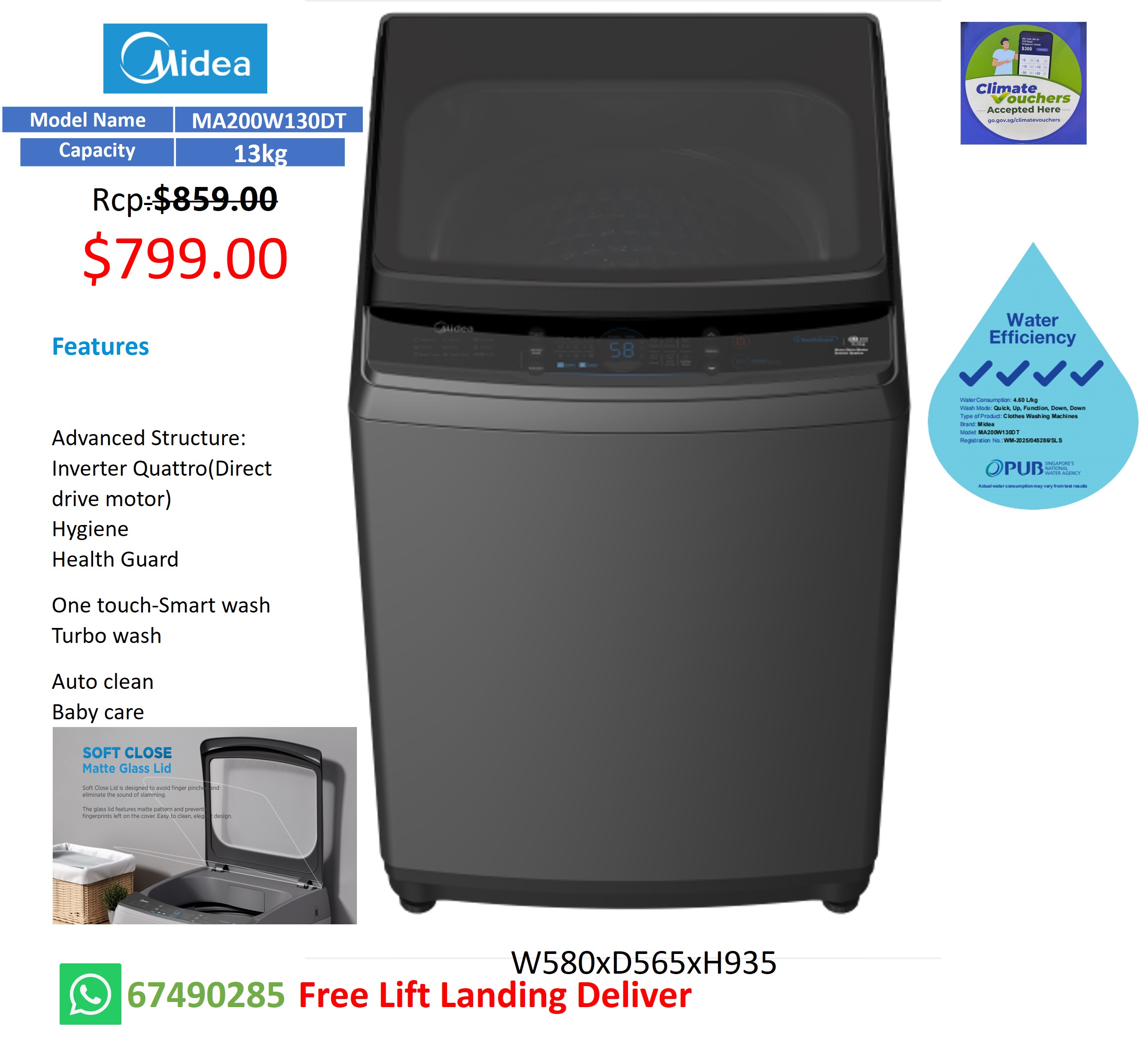 Midea 13KG Top Load Washer MA200W130DT