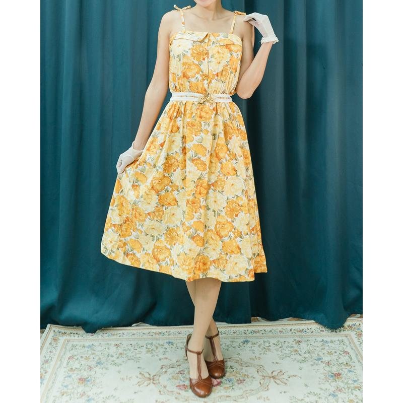 Vintage Japanese Summer Floral Spaghetti Strap Picnic Dress with Collar Detail (NA0785)