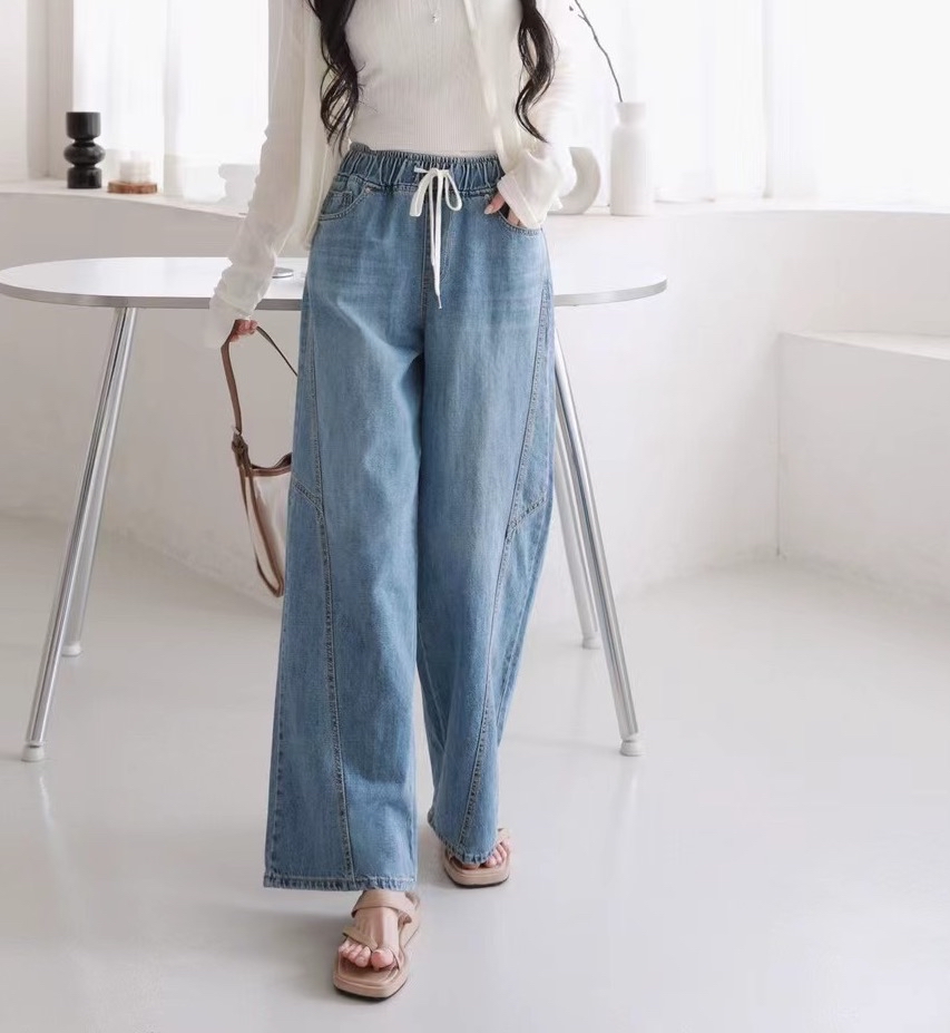 全橡筋腰側拼接牛仔褲