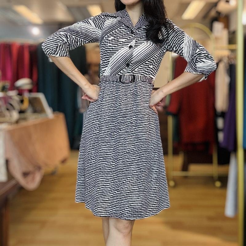 Vintage C.a. 1970s Black and White Striped ShirtDress With Original Belt (MT1842-3)
