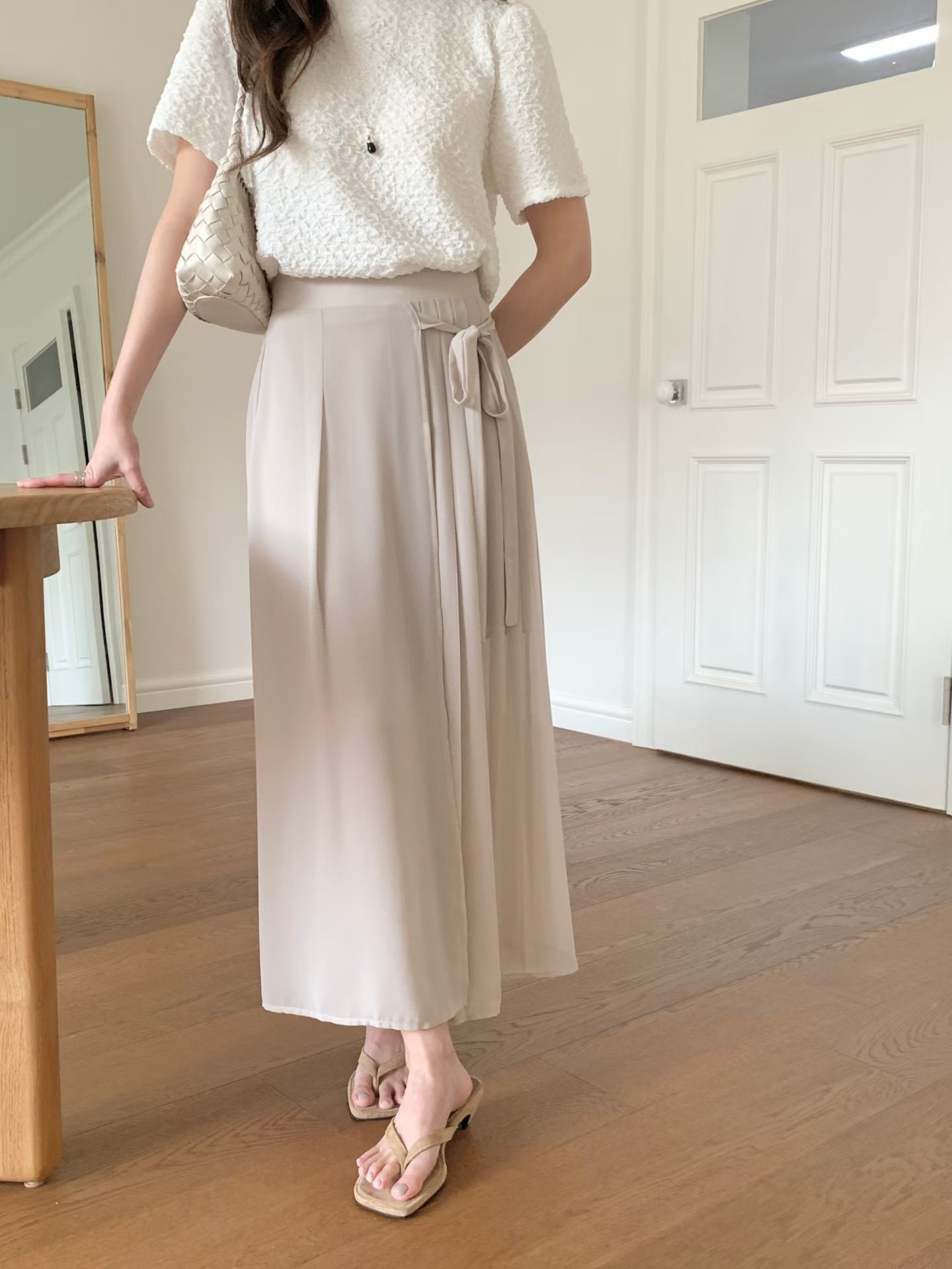CT23 飄逸雪紡壓褶繫帶高腰寬裙褲