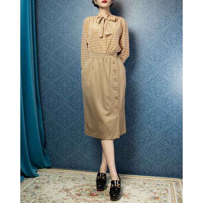 Vintage Japanese 100% Wool Khaki Button Up Winter Skirt - Waist 26" (bf224)