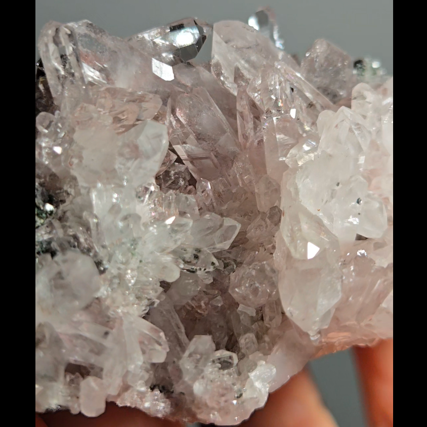 Pink Lemurian quartz cluster with green chlorite inclusions - LQ191