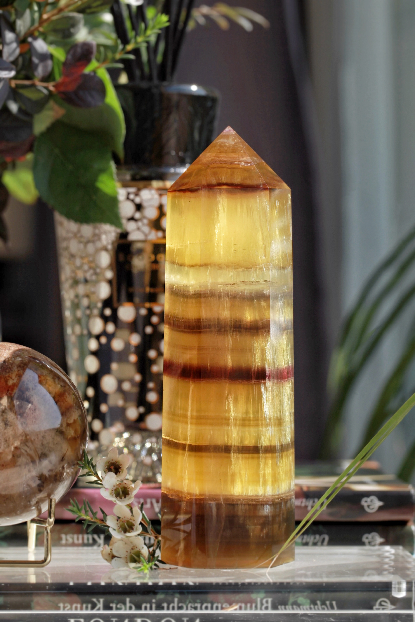  ༒18.6cm+黃螢石千層紋六角柱༒ FL.3502C82G10FM-RB5*
