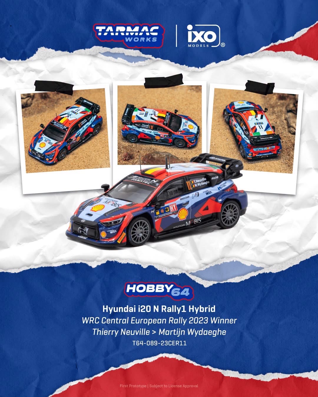 (預訂 Pre Order) Tarmac Works  ( T64-089-23CER11 ) Hyundai i20 N Rally1 Hybrid WRC Central European Rally 2023 Winner Thierry Neuville / Martijn Wydaeghe