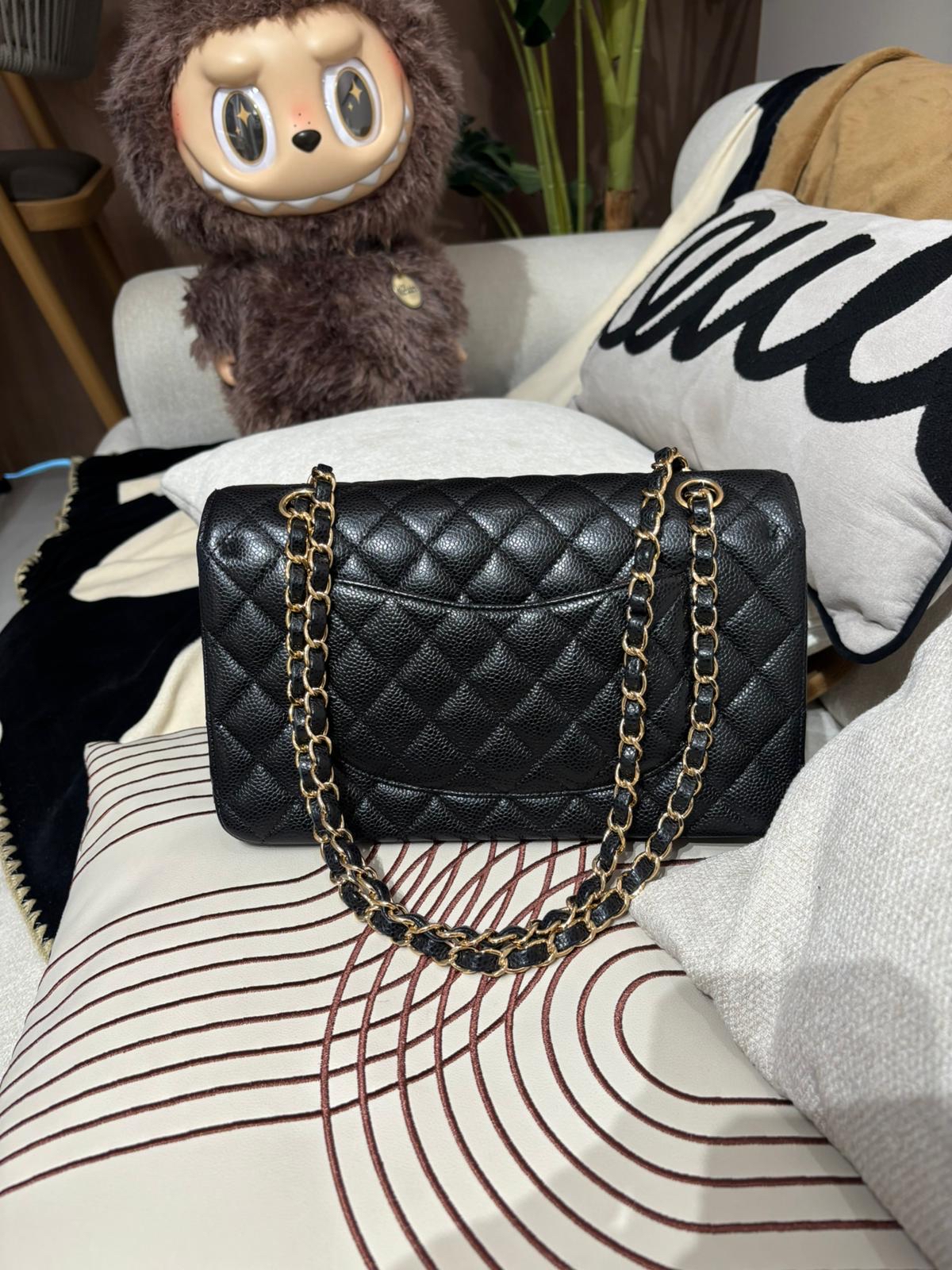 Chanel Classic Flap Medium 25cm A01112 CF25 黑色荔枝牛枝金扣 100%Authentic, 99%New ✅25Card✅Dust bag✅Box