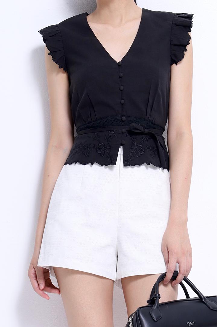 CB2758 Embroidered Ruffle Sleeve Waist-Tie Blouse