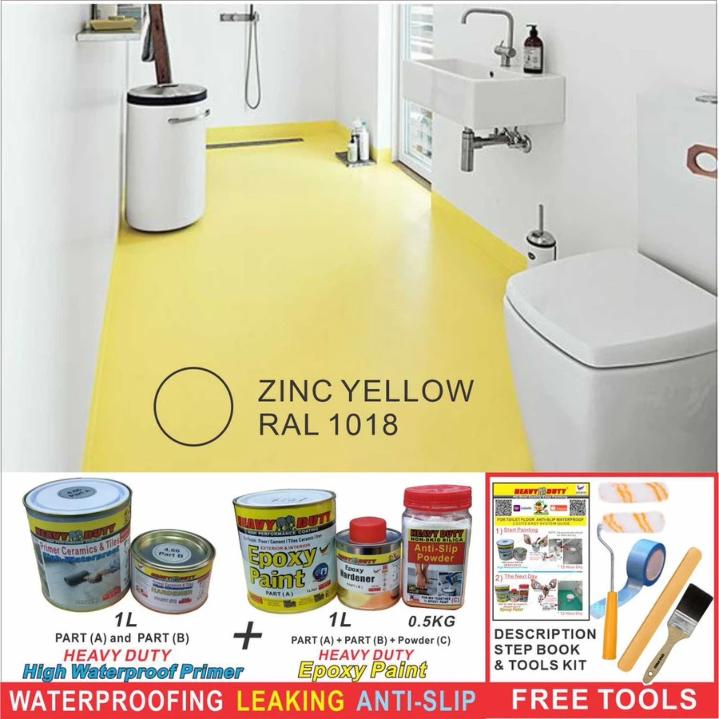 FULL SET (HEAVY DUTY BRAND) Floor Coating (Free Paint Tool Set) 1L Tile Primer + 1L Epoxy Colour + 0.5kg Non-skid Silic