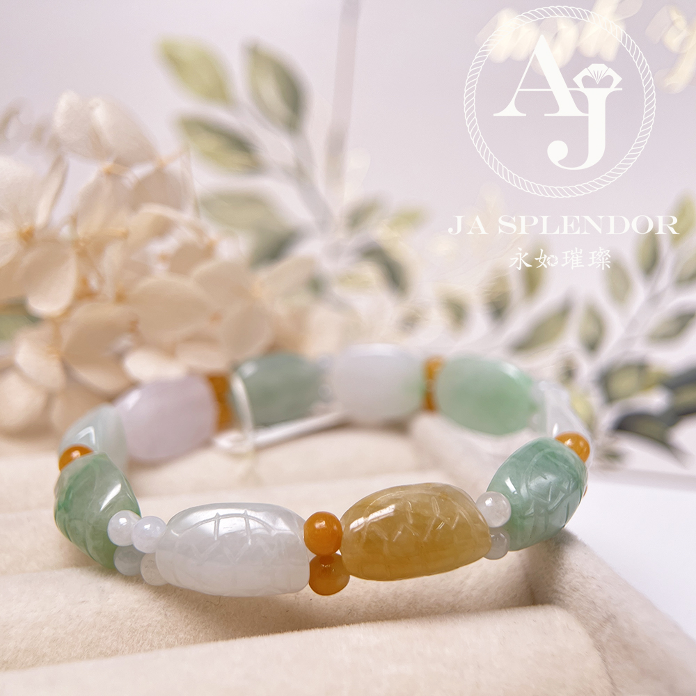 OF-06-A 天然翡翠A玉 - 冰潤三彩長壽吉祥龜貝手串