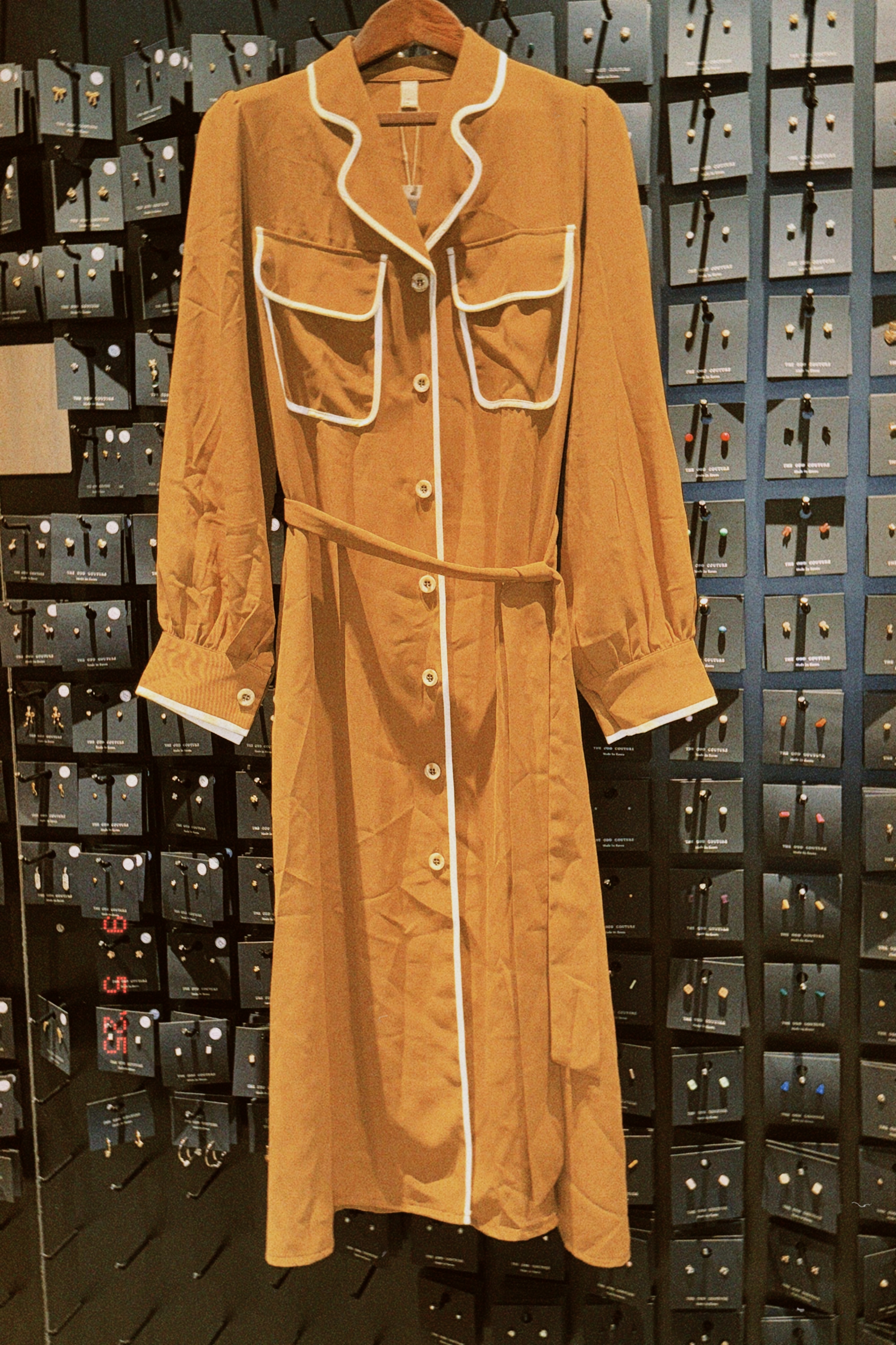Korea Dress - Coat? Dress? White Line (Yellow Brown)