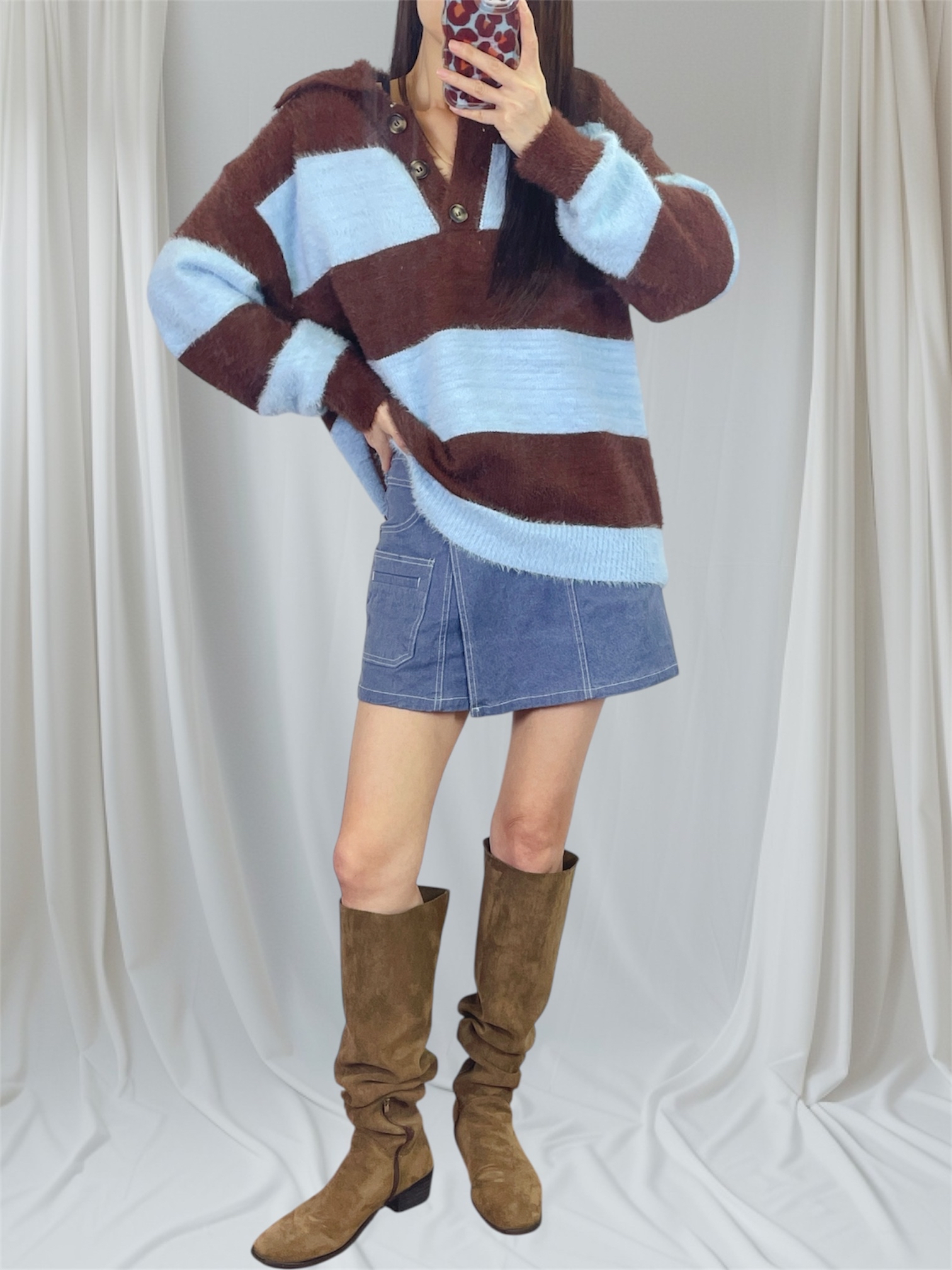 K5546 仿貂毛半胸間色針織