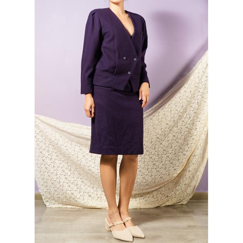 1980s Japanese 95% Wool Purple Power Suit/ Twin Set with Blazer and Skirt(MT1607-2)