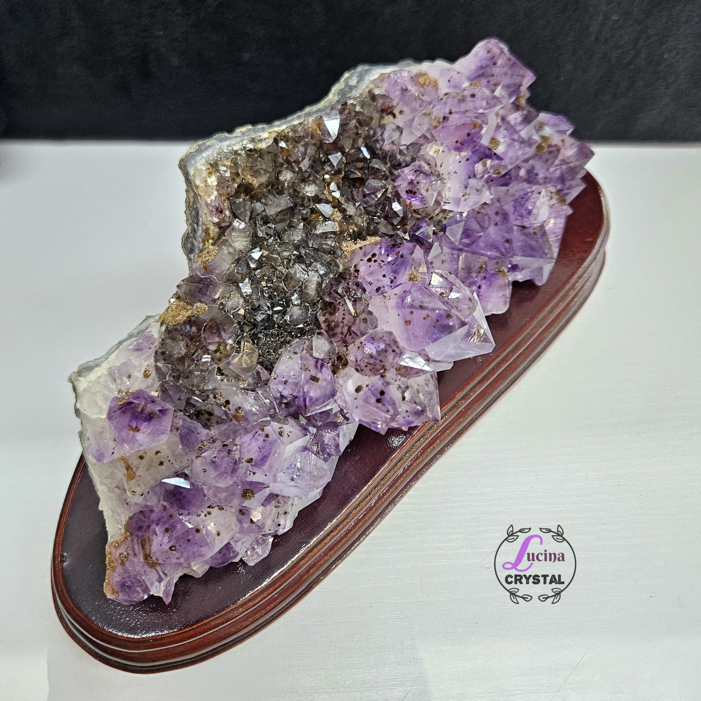 (Co#LC8556)紫鈦骨幹花水晶簇連木座/Elestial Amethyst Rutilated Flower Quartz Cluster w/wooden stand 