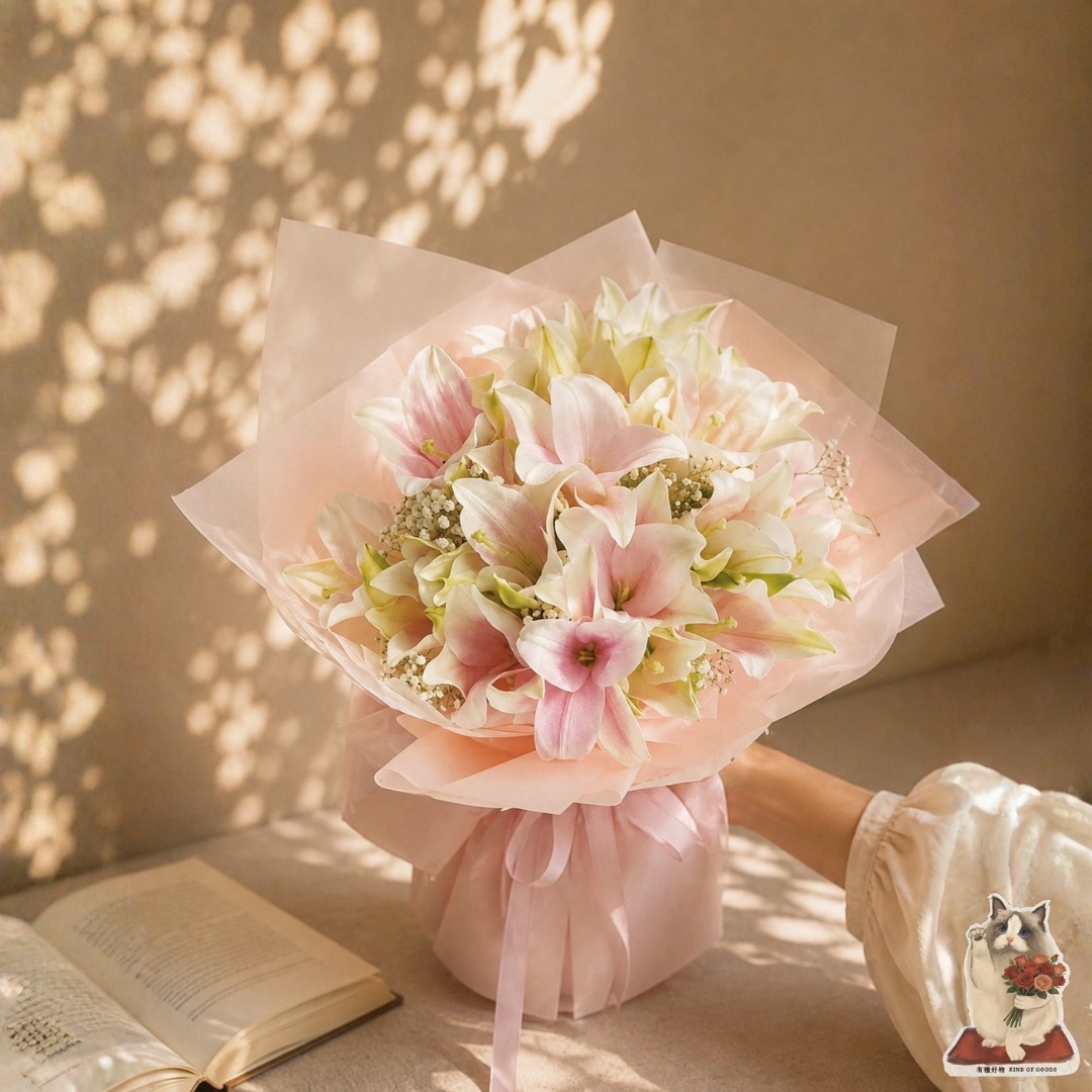 粉漾初戀｜粉百合滿天星柔粉花束