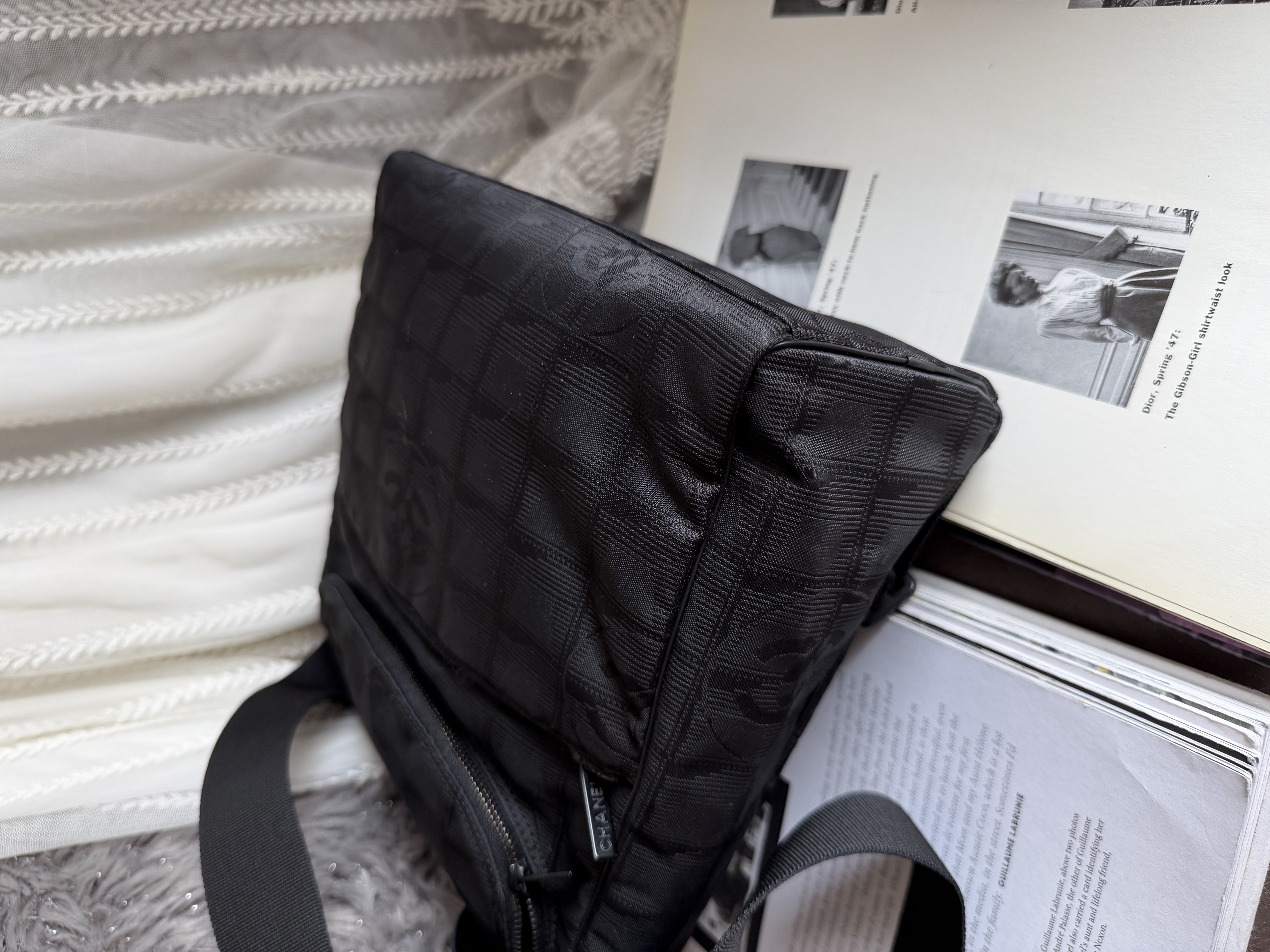 Vintage chanel black travel line backpack /shoulder bag 