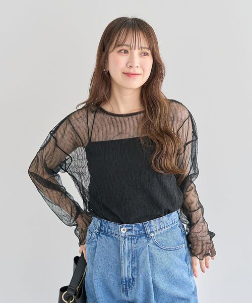 薄紗褶皺透視上衣