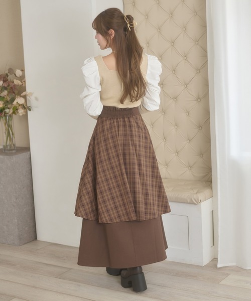 格子雙層開衩喇叭裙